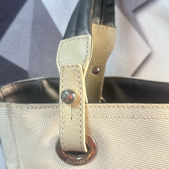 Used] CHANEL Paris Biarritz PM handbag tote bag canvas leather gray ivory/grey - Picture 7 of 16